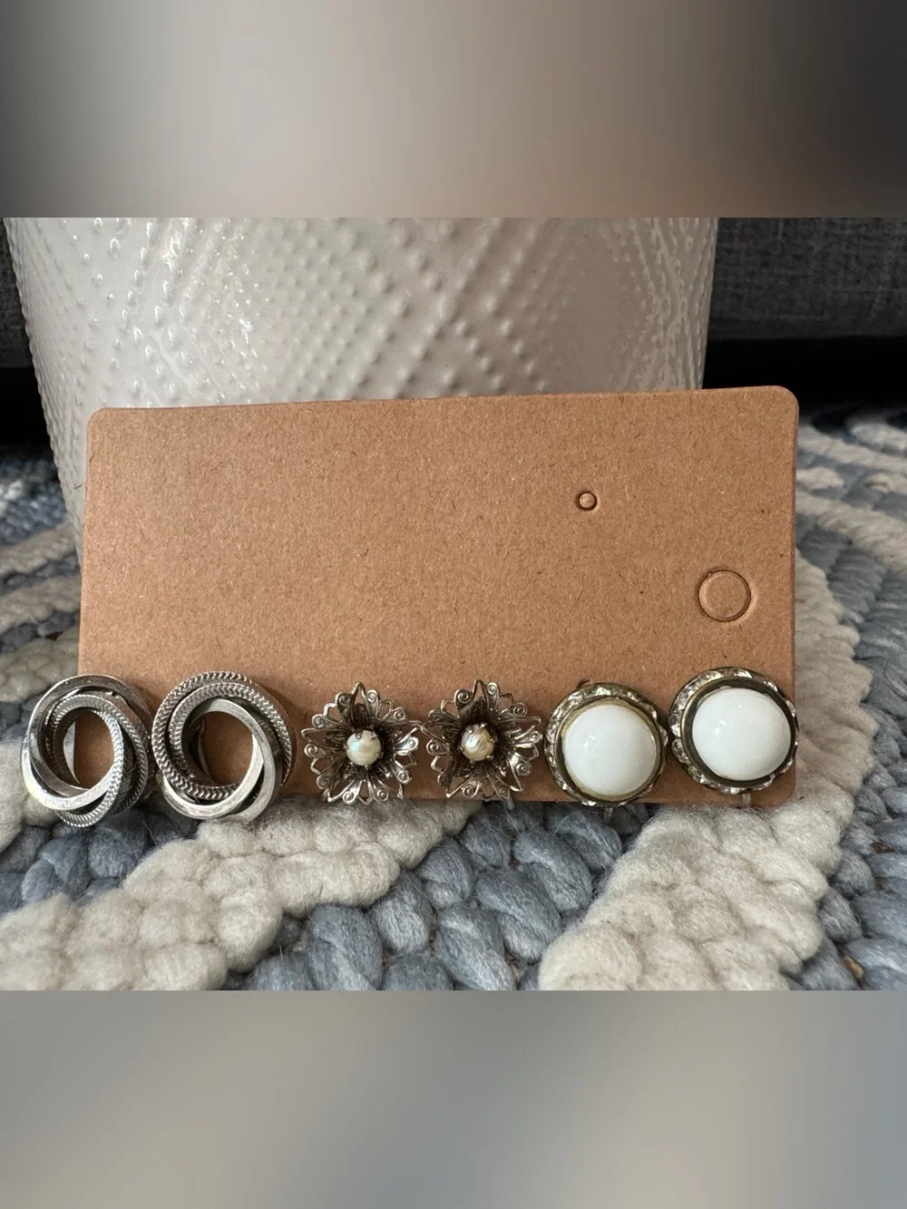 Vintage Screw Back Clip-On Earring Lot | 3 Pairs | Mid Century White Lucite Rhin